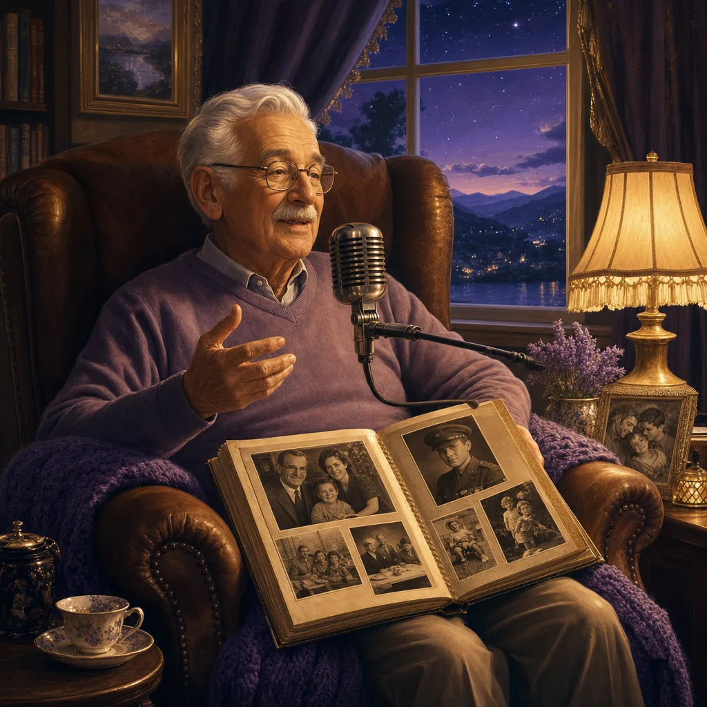 Illustration of a grandfather narrating his life story by lamplight into a microphone, with a family photo album open on his lap