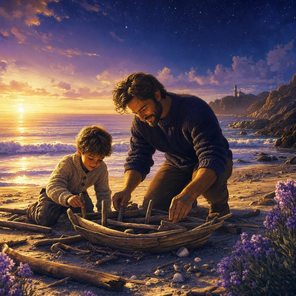 Illustration of a parent and child building a driftwood boat together at golden-hour on a beach