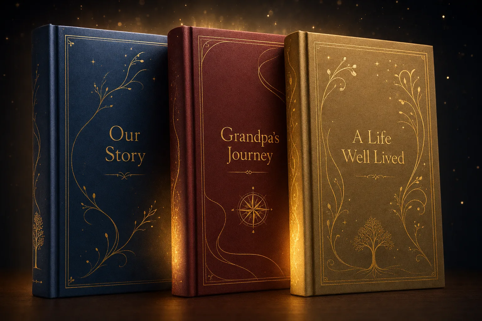 Three glowing keepsake books of different colors stacked together, symbolizing a whole family's growing collection of stories